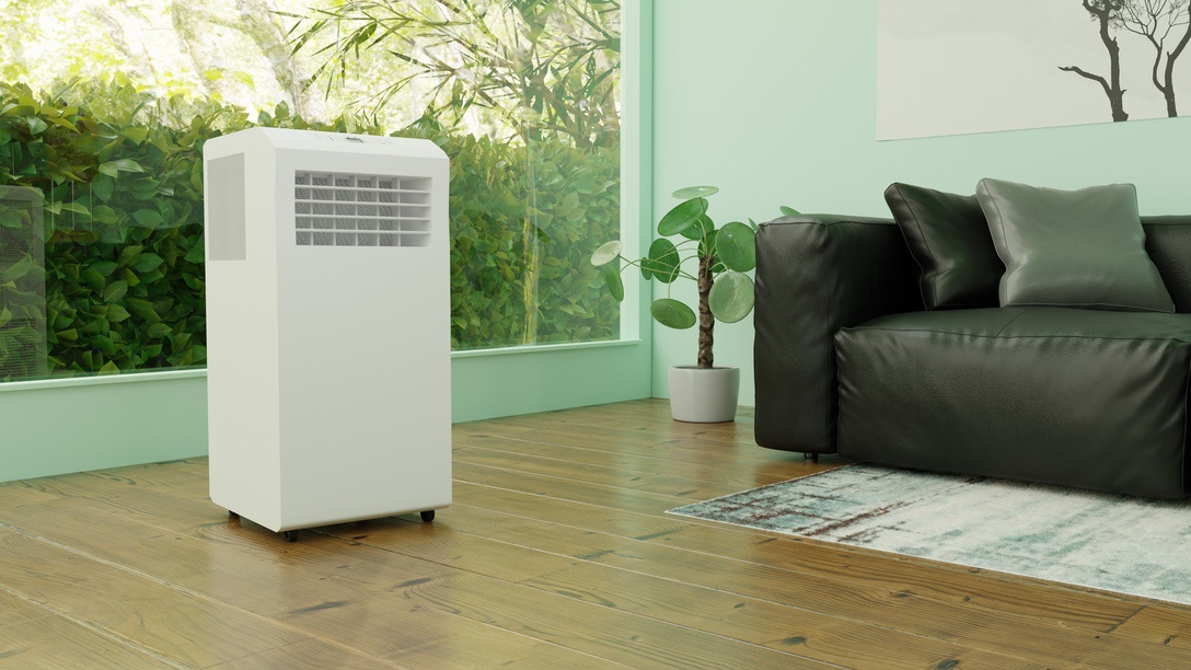 Portable air conditioner in living room of Missouri home